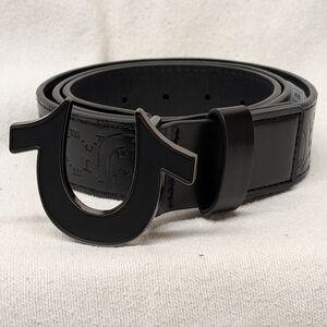 True Religion Embossed Horseshoe Buckle Belt, Black, Size 38
